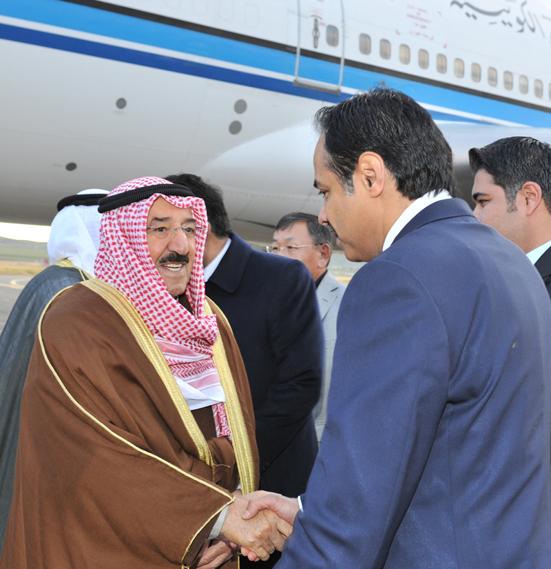 HH the Amir Sheikh Sabah Al-Ahmad Al-Jaber Al-Sabah during his arrival in Mongolia and in receiving Kuwaiti Ambassador Mubarak Mohammed Al-Suhaijan and embassy staff