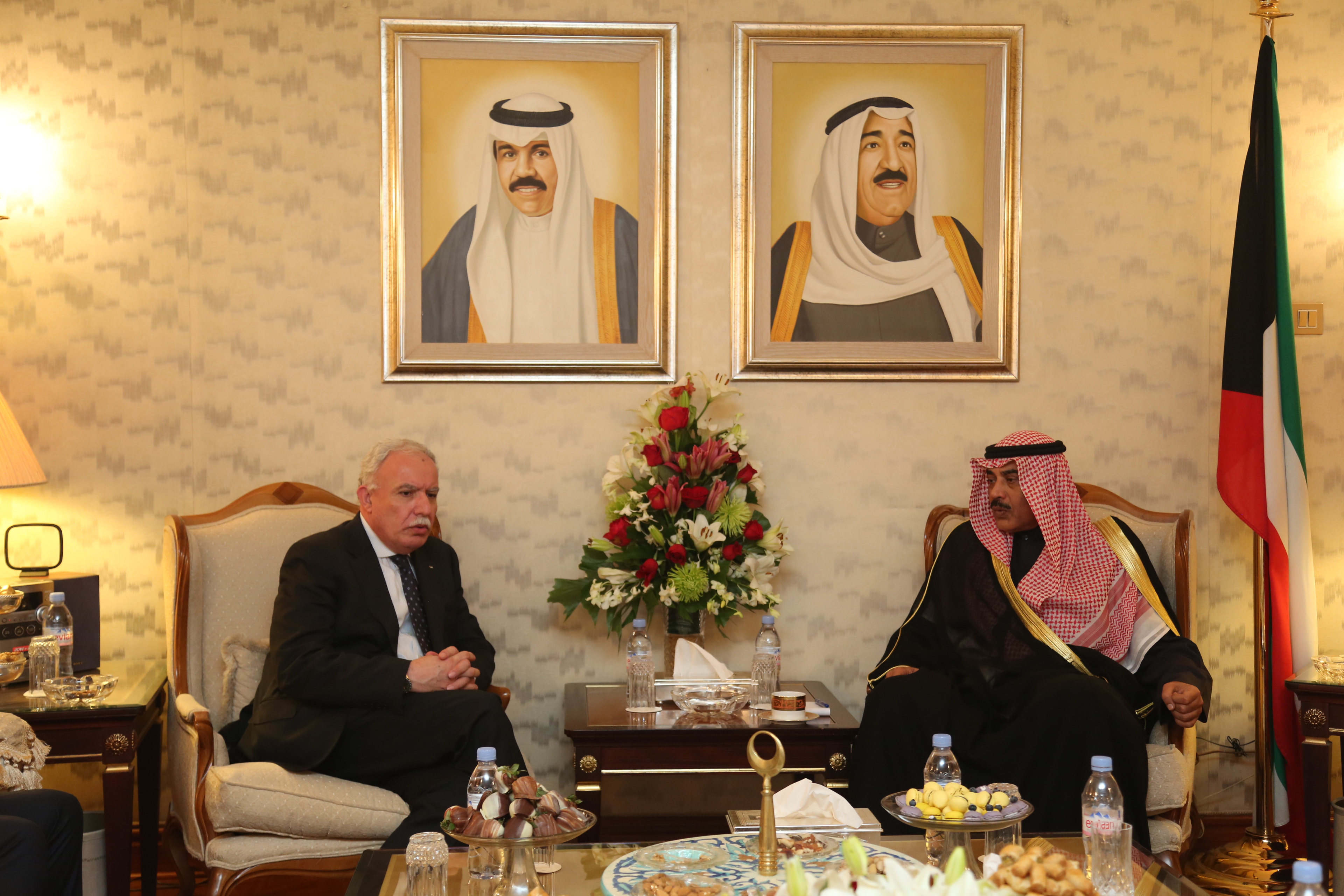 Deputy Premier and Foreign Minister Sheikh Sabah Khaled Al-Hamad Al-Sabah during his meeting with Palestinian Foreign Minister Dr. Riyadh Al-Malki