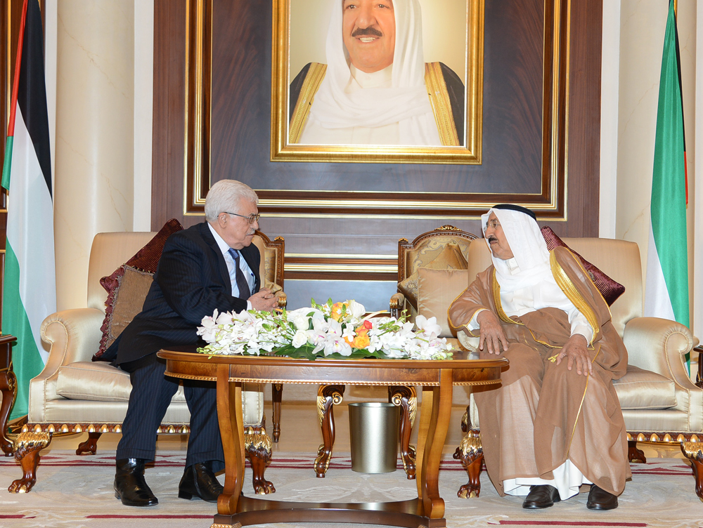 HH the Amir Sheikh Sabah Al-Ahmad Al-Jaber Al-Sabah during a meeting with President Mahmoud Abbas, President of the State of Palestine upon his arrival to Kuwait today