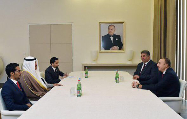 Minister of Information and Minister of State for Youth Affairs Sheikh Salman Sabah Al-Salem Al-Humoud Al-Sabah with Azeri President Ilham Aliyev and Minister of Youth and Sports Azad Rahimov