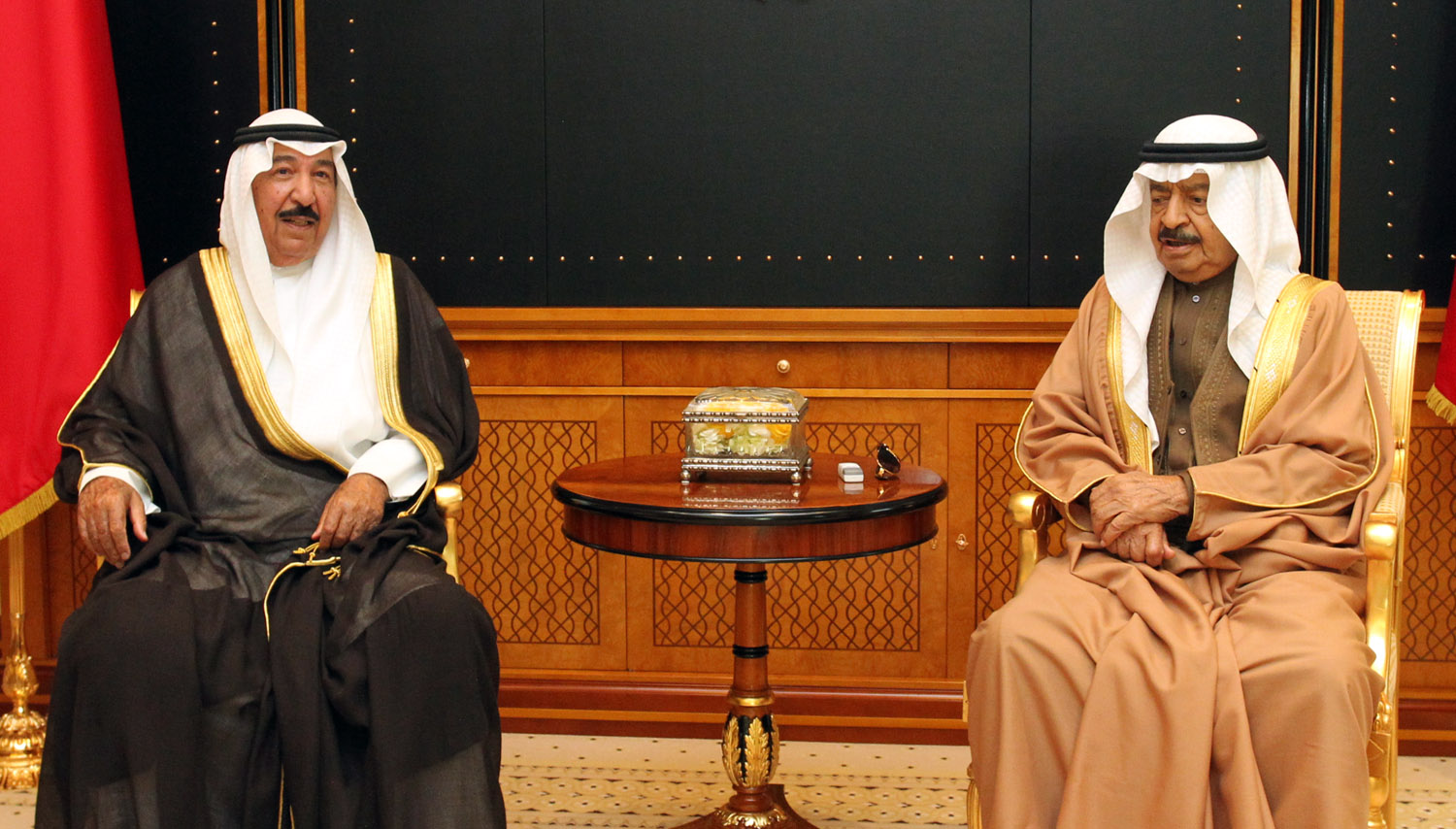 Bahraini Prime Minister Prince Khalifa bin Salman Al-Khalifa during talks with visiting Sheikh Jaber Al-Abdullah Al-Jaber Al-Sabah