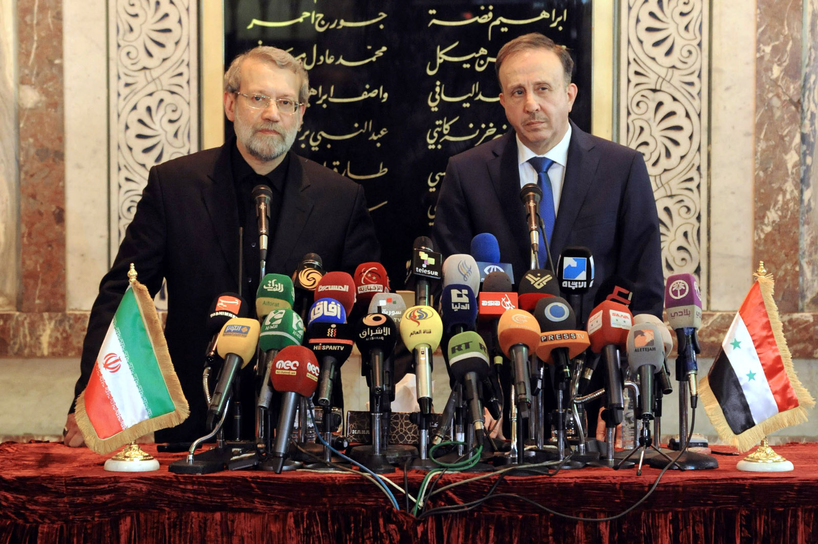 Iran's Shura Council Speaker Ali Larijani with his Syrian Counterpart Mohammad Jihad Al-Laham