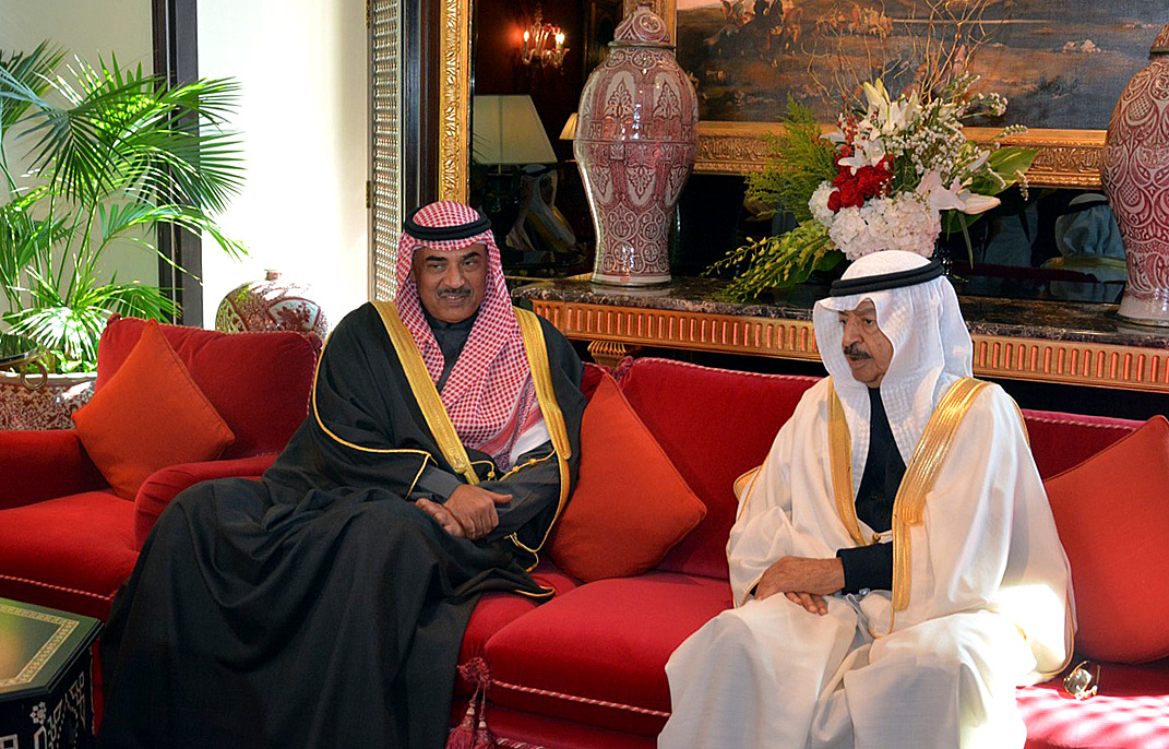 Bahraini Prime Minister Prince Khalifa bin Salman Al Khalifa receives Kuwaiti First Deputy Prime Minister and Foreign Minister Sheikh Sabah Al-Khaled Al-Hamad Al-Sabah