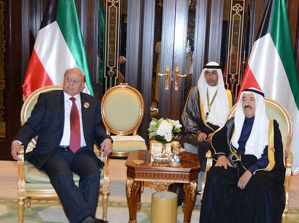 His Highness the Amir Sheikh Sabah Al-Ahmad Al-Jaber Al-Sabah receives Yemeni President Abdo Rabbu Mansour Hadi
