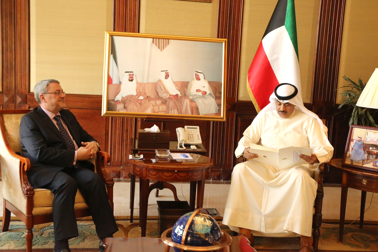 First Deputy Prime Minister and Foreign Minister Sheikh Sabah Khaled Al-Hamad Al-Sabah receives Iraqi Ambassador to Kuwait Mohammad Bahr Al-Uloom