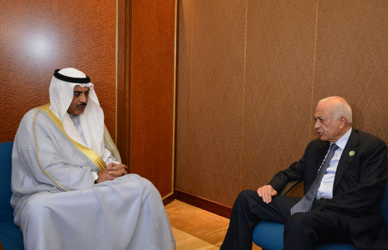 Kuwaiti First Deputy Prime Minister and Foreign Minister Sheikh Sabah Khaled Al-Hamad Al-Sabah during his meeting with Arab League Secretary General Nabil Al-Arabi