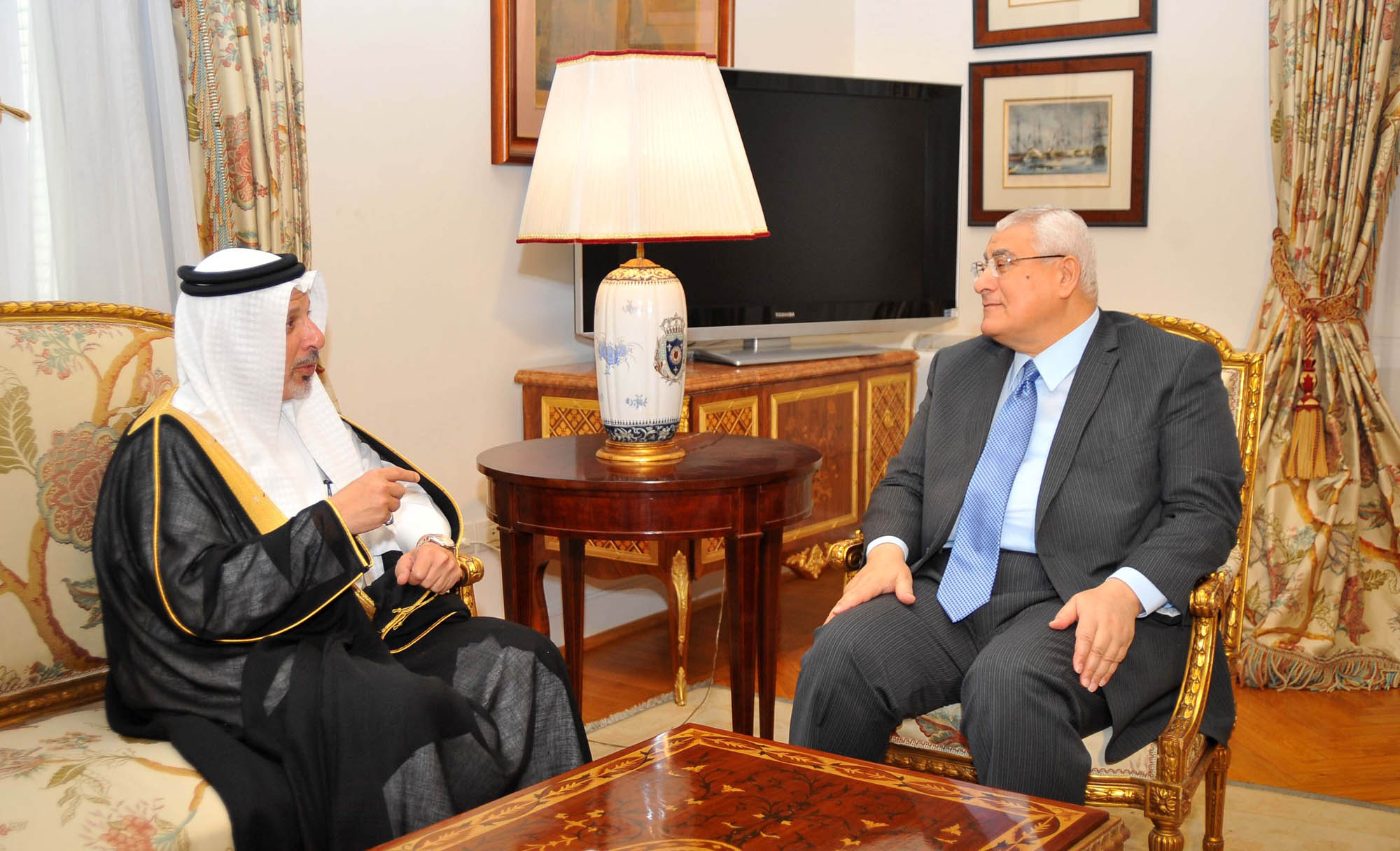 Egyptian Interim President Adly Mansour receives the Saudi Ambassador in Cairo, Ahmad Abdul-Aziz Gattan