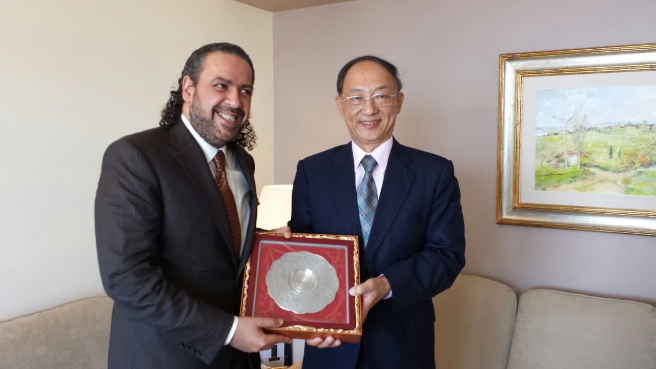 President of the Association of the National Olympic Committees (ANOC) Sheikh Ahmad Al-Fahad Al-Sabah receives Chinese Olympic Committee President Liu Peng