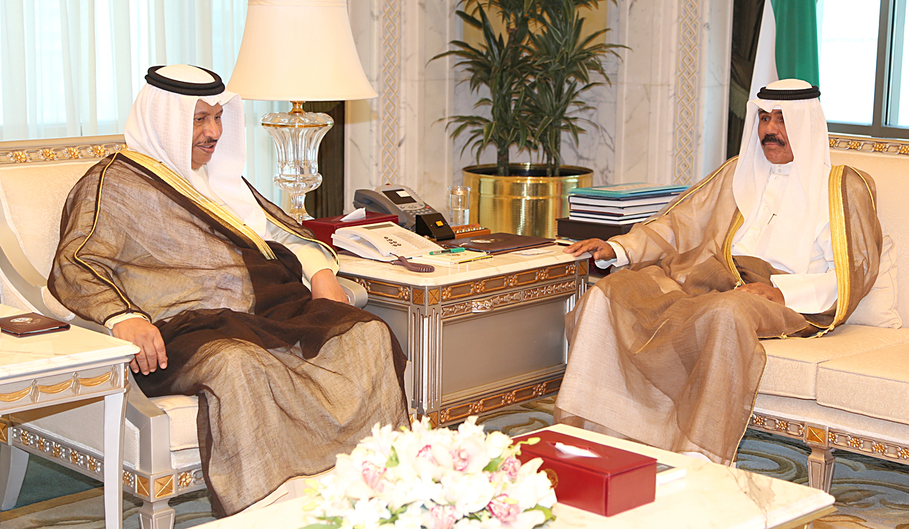 His Highness the Deputy Amir and Crown Prince Sheikh Nawaf Al-Ahmad Al-Jaber Al-Sabah receives His Highness the Prime Minister Sheikh Jaber Al-Mubarak Al-Hamad Al-Sabah