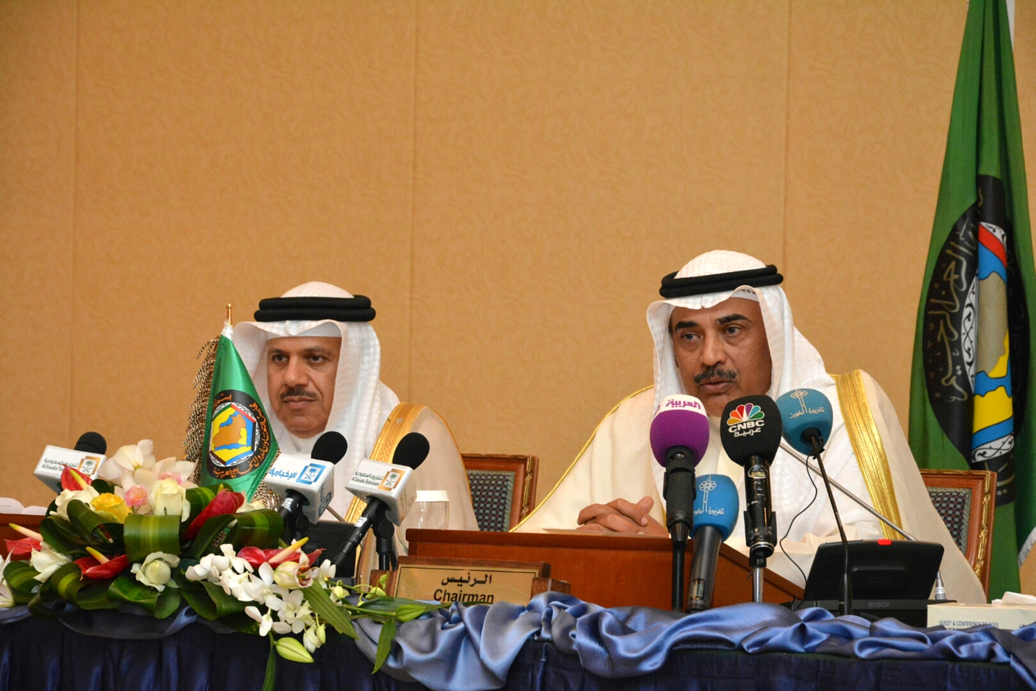 First Deputy Prime Minister and Foreign Minister Sheikh Sabah Al-Khaled Al-Hamad Al-Sabah during the press conference after the 132nd session of GCC Foreign Ministers Council