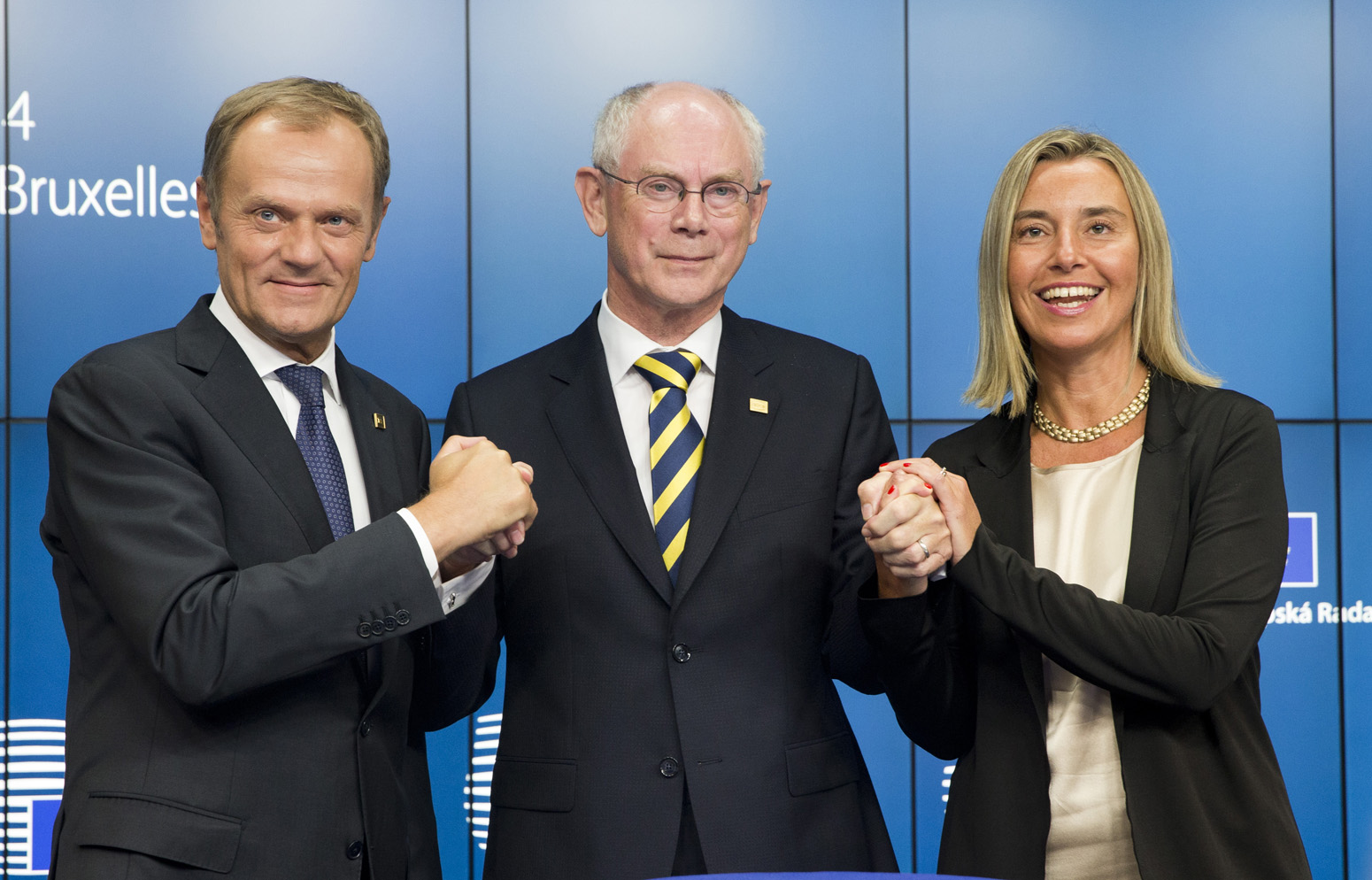 Polish Prime Minister Donald TUSK with President of the European Council  Herman VAN ROMPUY, and Italian Foreign Minister Federica MOGHERINI
