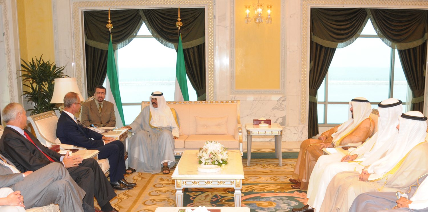 His Highness the Deputy Amir and Crown Prince Sheikh Nawaf Al-Ahmad Al-Jaber Al-Sabah receives  Minister of Oil and Minister of State for National Assembly Affairs Dr. Ali Saleh Al Omair and Holland's Minister of Economic Affairs Henk Kamp