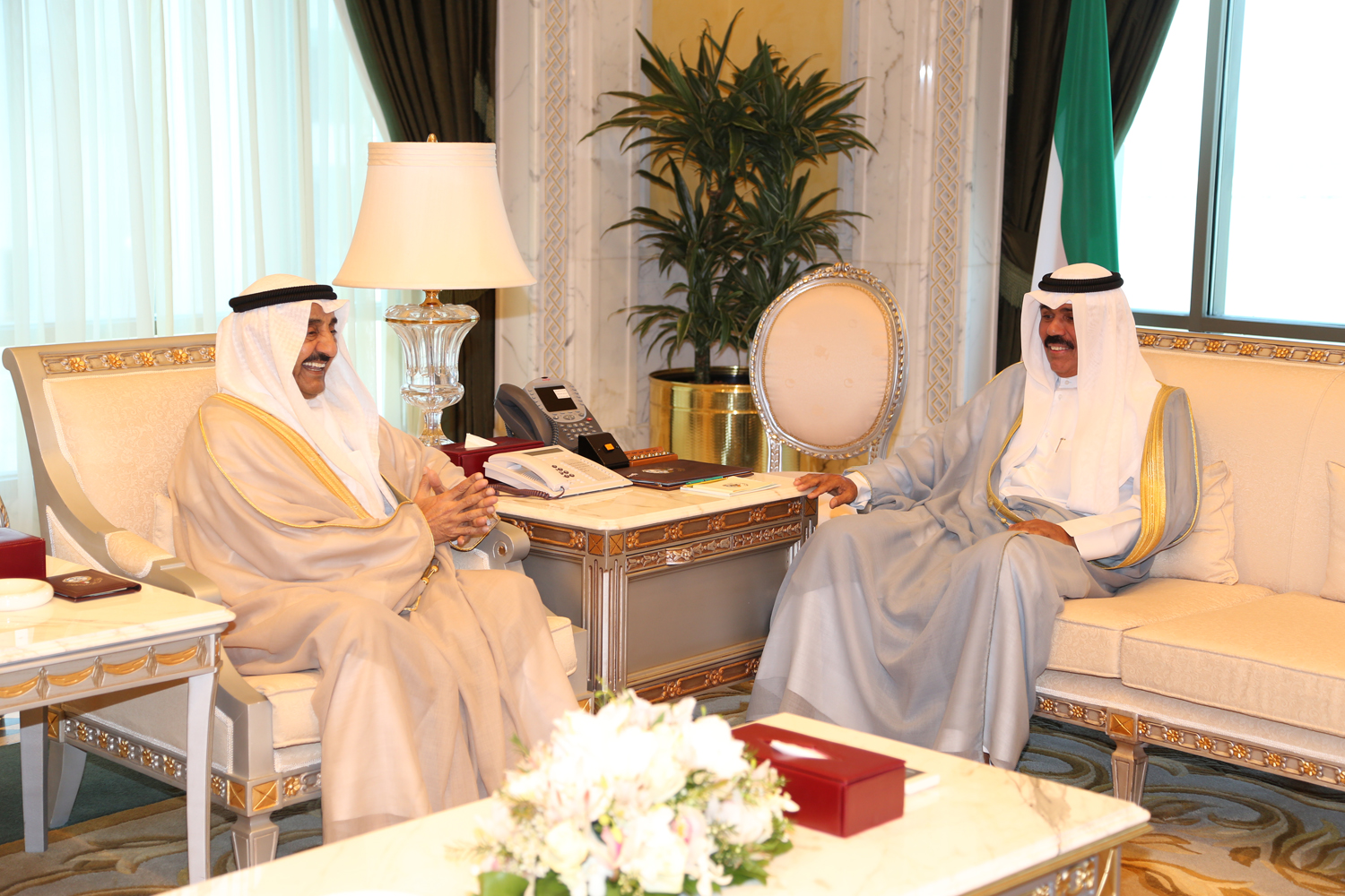 His Highness the Deputy Amir and Crown Prince Sheikh Nawaf Al-Ahmad Al-Jaber Al-Sabah receives  former National Assembly Speaker Jassim Mohammad Al-Kharafi