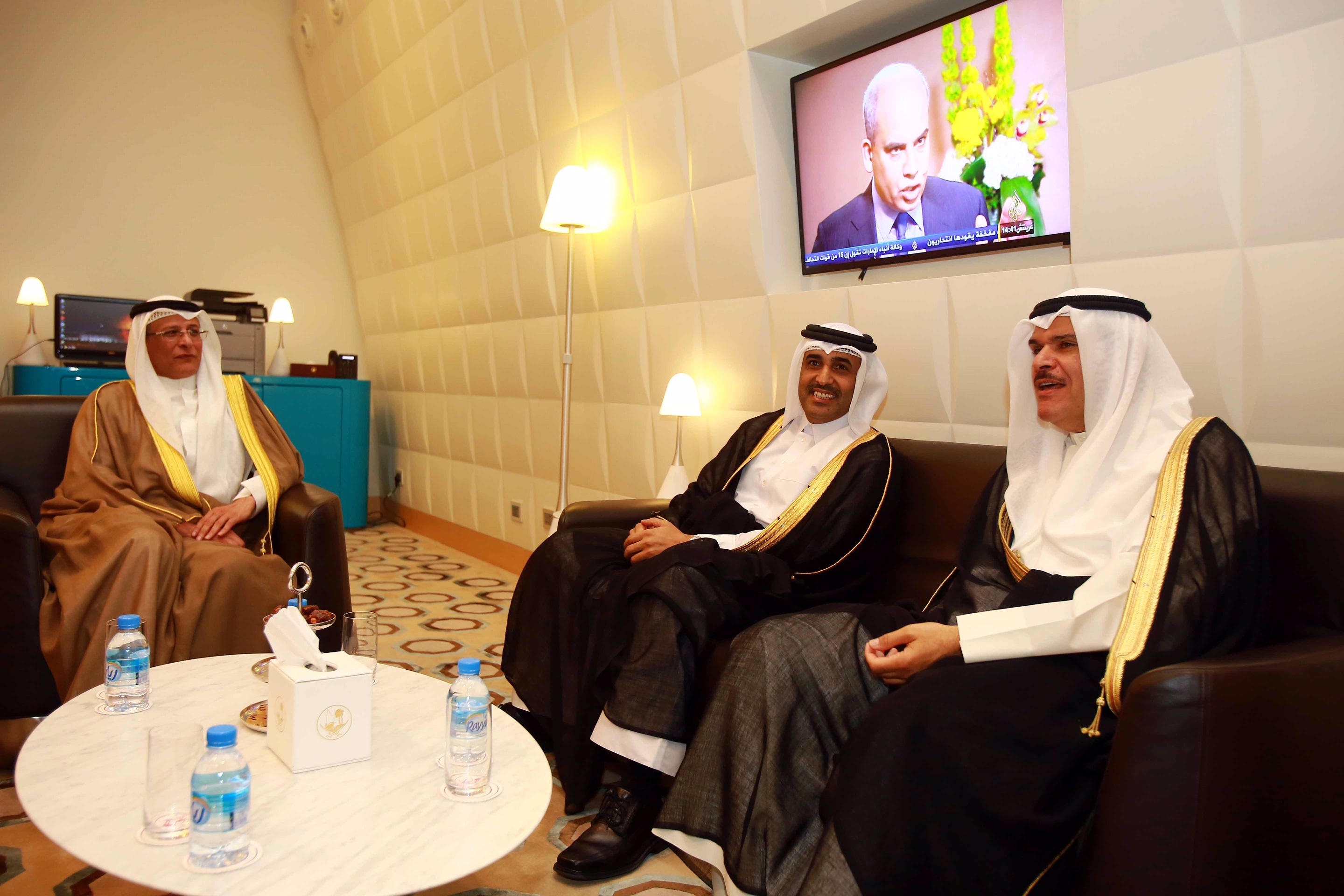 Kuwaiti Minister of Information and Minister of State for Youth Affairs Sheikh Salman Sabah Al-Salem Al-Humoud Al-Sabah with Kuwaiti Ambassador to Qatar Meteb Saleh Al-Mutotah