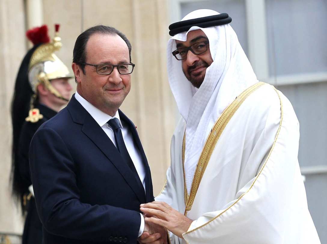 French President Francois Hollande with the Crown Prince of Abu Dhabi, Sheikh Mohammad Bin Zayed Al-Nahyan