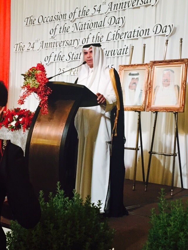 سفير دولة الكويت لدى مملكة تايلاند عبدالله الشرهان اثناء إلقائه كلمة بمناسبة الاحتفال بالأعياد الوطنية