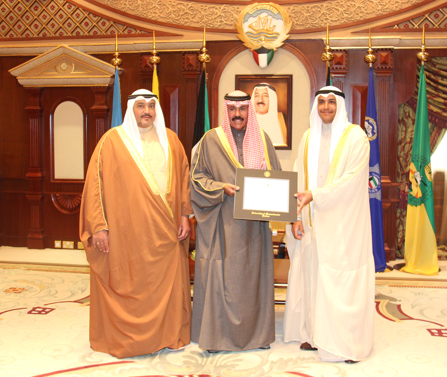 Highness the Crown Prince Sheikh Nawaf Al-Ahmad Al-Jaber Al-Sabah receives Amiri Diwan Advisor Sheikh Fahad Saad Al-Abdullah Al-Sabah and his son Sheikh Khaled Fahad Saad Al-Abdullah Al-Sabah