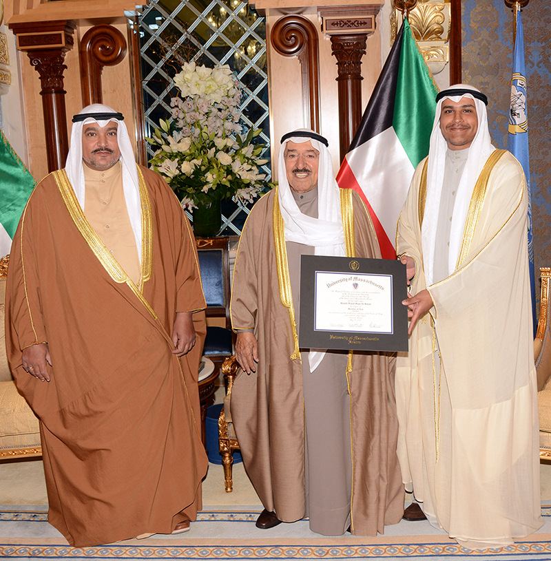 His Highness the Amir Sheikh Sabah Al-Ahmad Al-Jaber Al-Sabah receives Amiri Diwan Advisor Sheikh Fahad Saad Al-Abdullah Al-Sabah and his son Sheikh Khaled Fahad Saad Al-Abdullah Al-Sabah