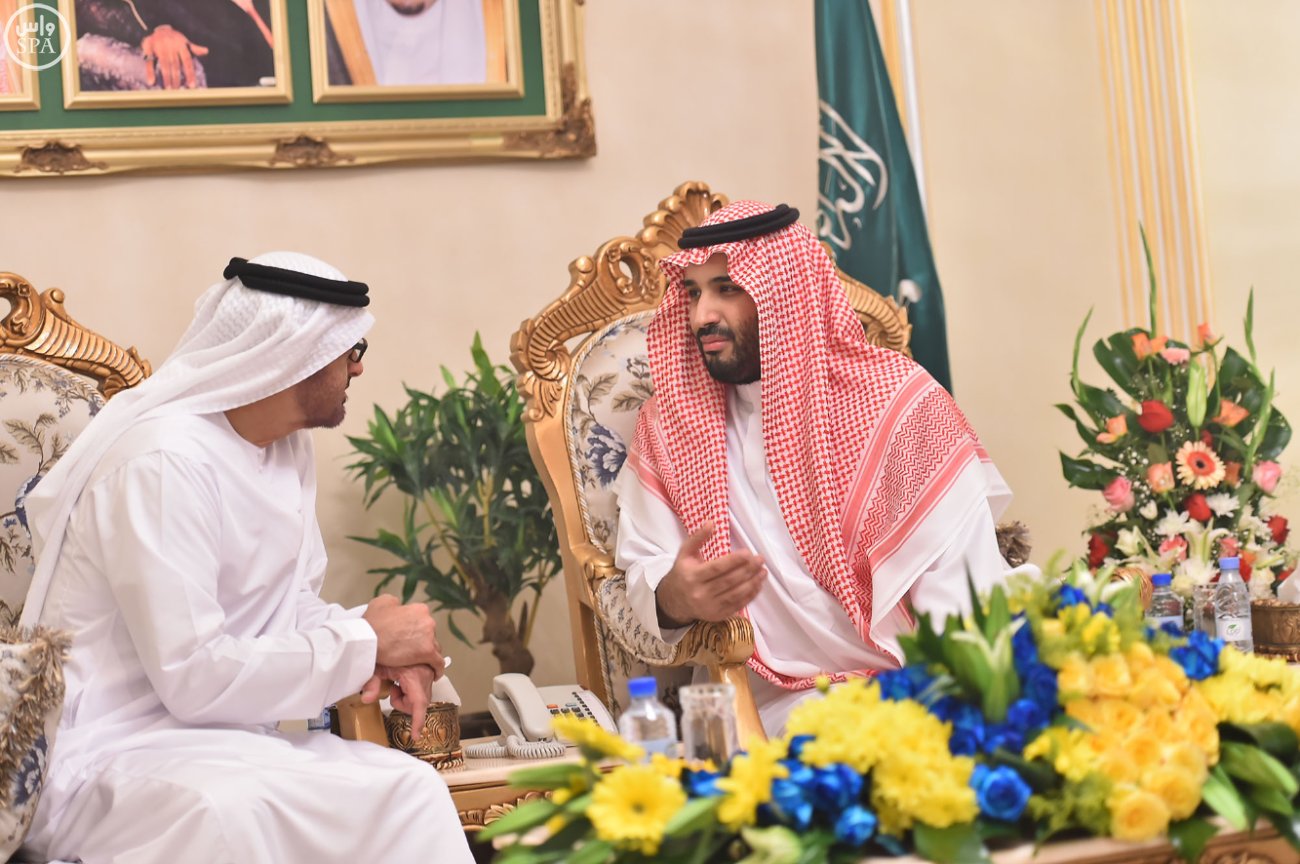 Abu Dhabi Crown Prince Sheikh Mohammad bin Zayed Al-Nahyan with Saudi Defense Minister Prince Mohammad bin Salman