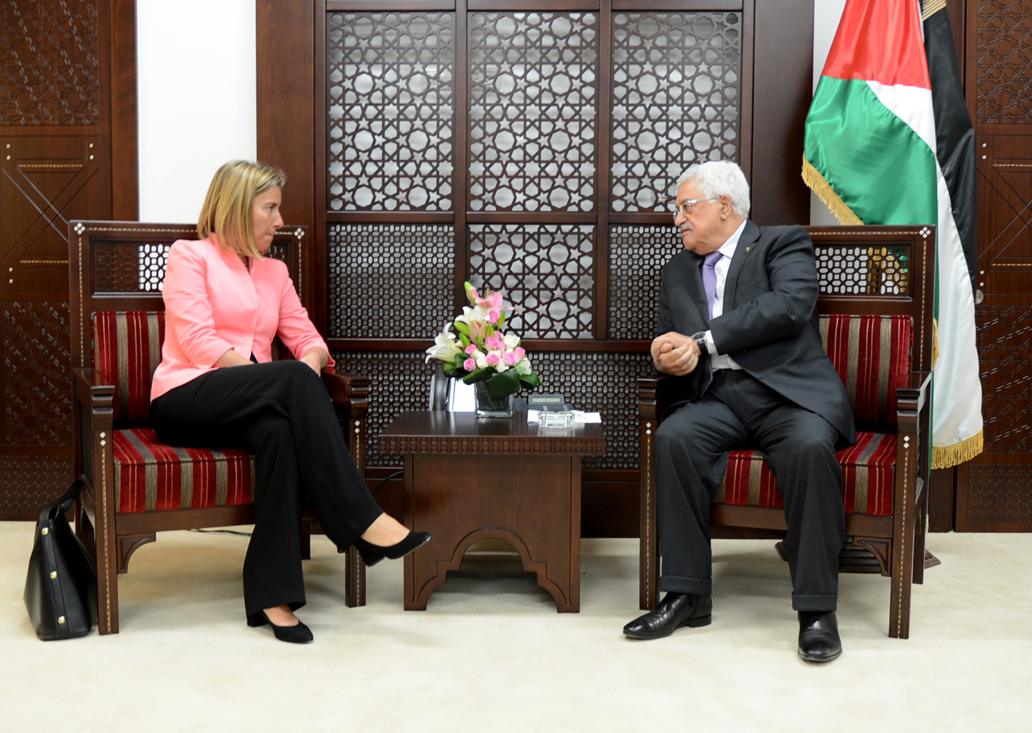 Palestinian President Mahmoud Abbas receives European Union (EU) foreign policy chief Federica Mogherini