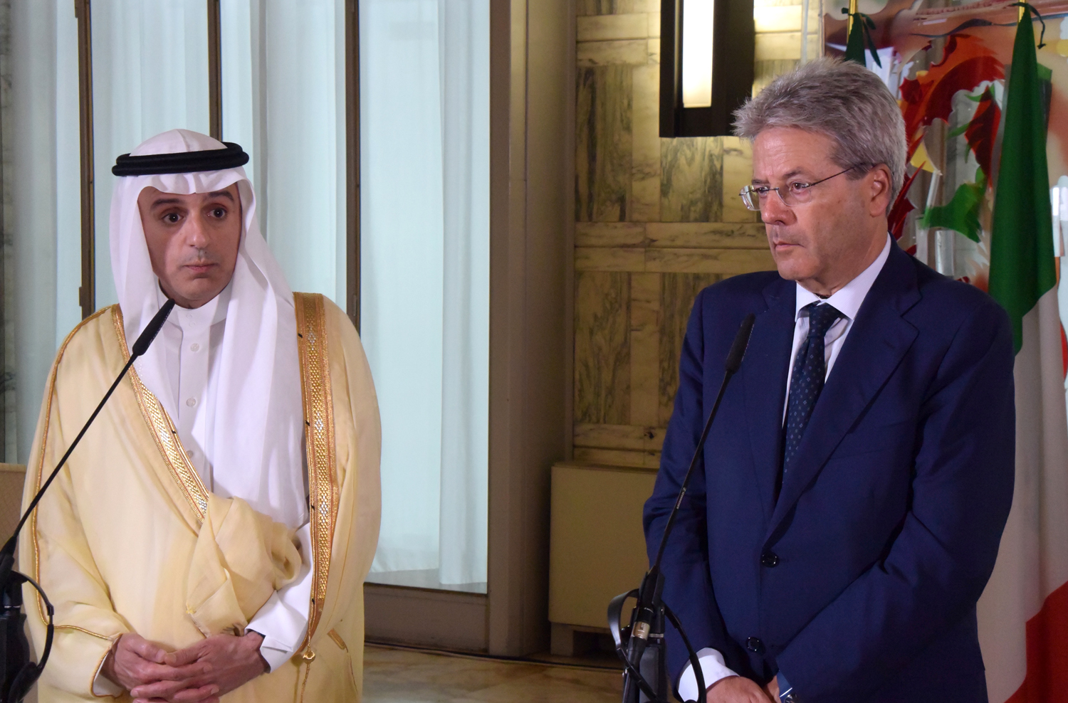 Saudi Foreign Minister Adel Al-Jubeir with his Italian counterpart Paolo Gentiloni