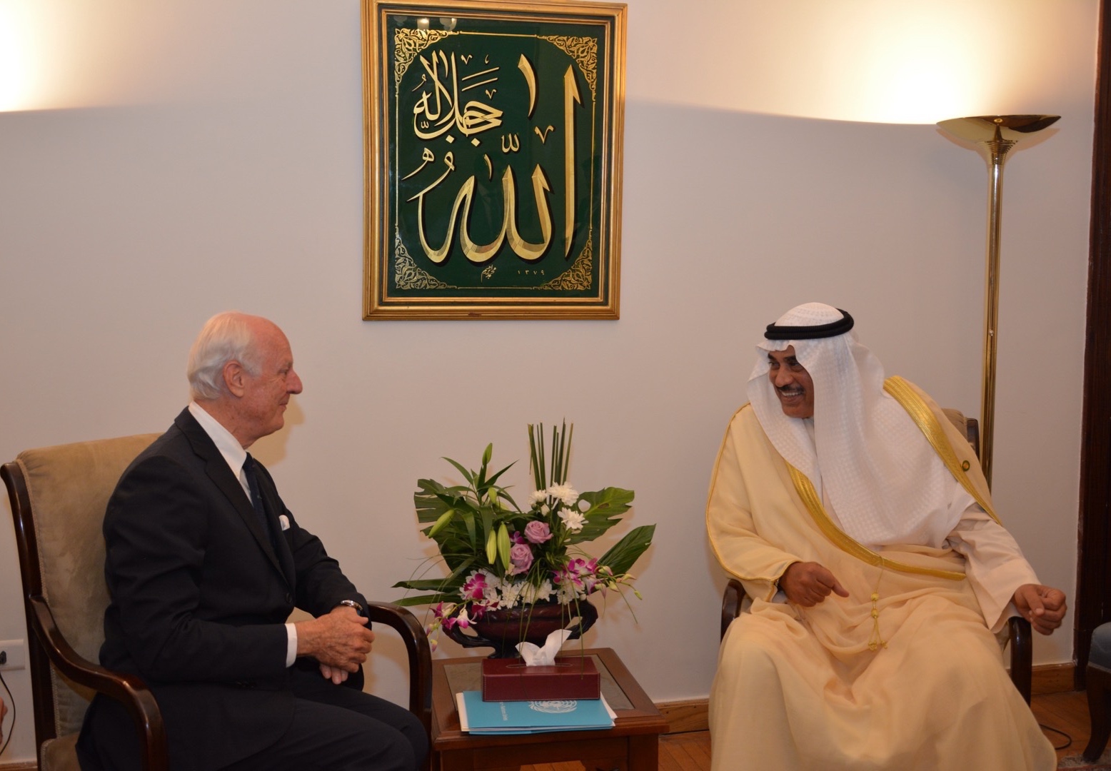 Kuwait's First Deputy Prime Minister and Minister of Foreign Affairs Sheikh Sabah Al-Khaled Al-Hamad Al-Sabah meets the UN Special Envoy of the Secretary-General for Syria Staffan de Mistura
