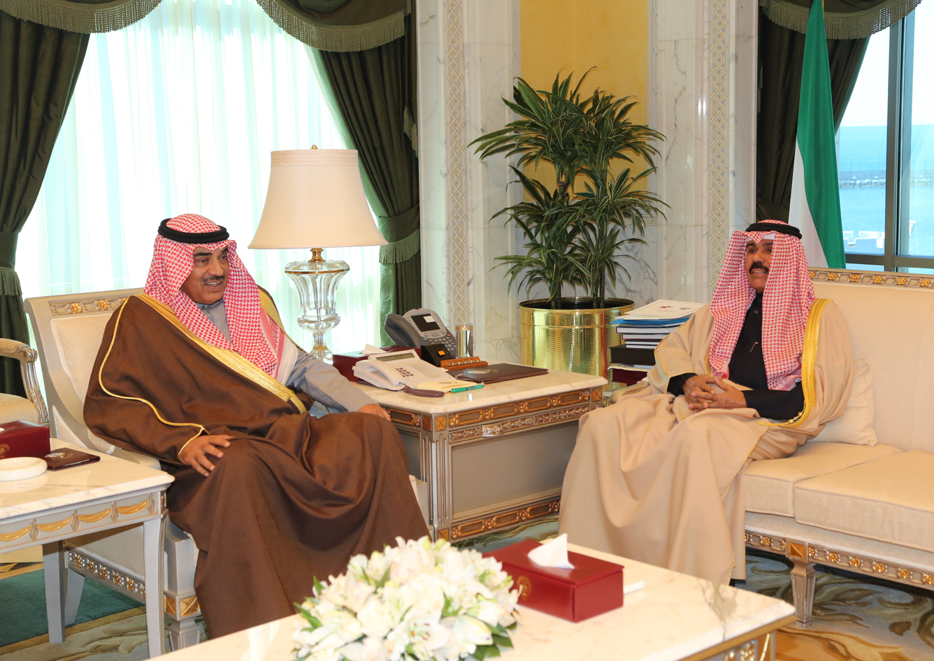His Highness the Crown Prince Sheikh Nawaf Al-Ahmad Al-Jaber Al-Sabah receives First Deputy Prime Minister and Foreign Minister Sheikh Sabah Al-Khaled Al-Hamad Al-Sabah