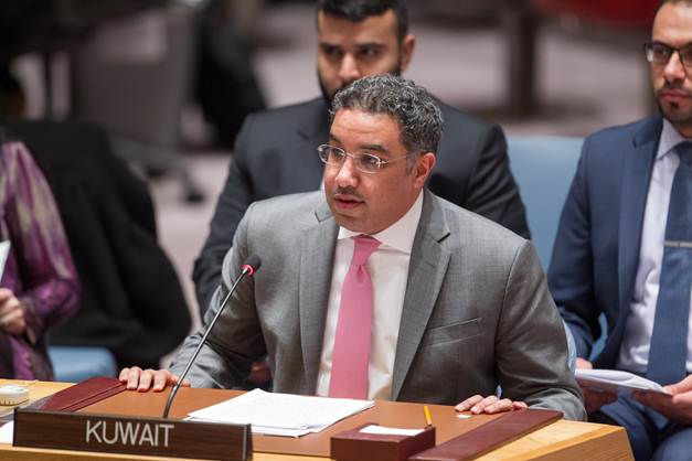 The acting charge d'affaires of the Kuwaiti mission in the UN Counsellor Abdulaziz Saoud Al-Jarallah addresses UNSC on behalf of the OIC member States