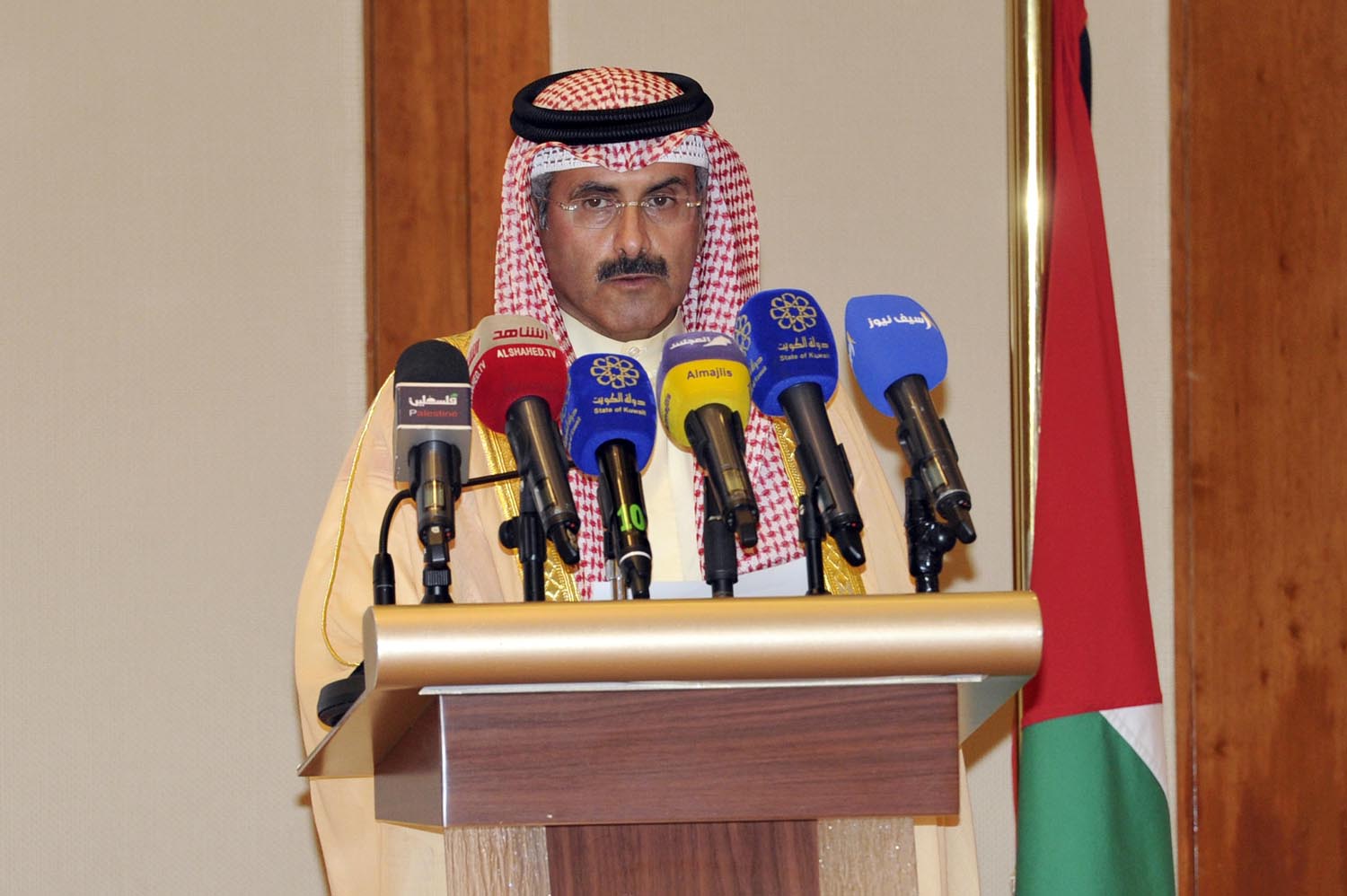 Chairman and Director General of Kuwait News Agency (KUNA) Sheikh Mubarak Duaij Al-Ibrahim Al-Sabah delivers his speech