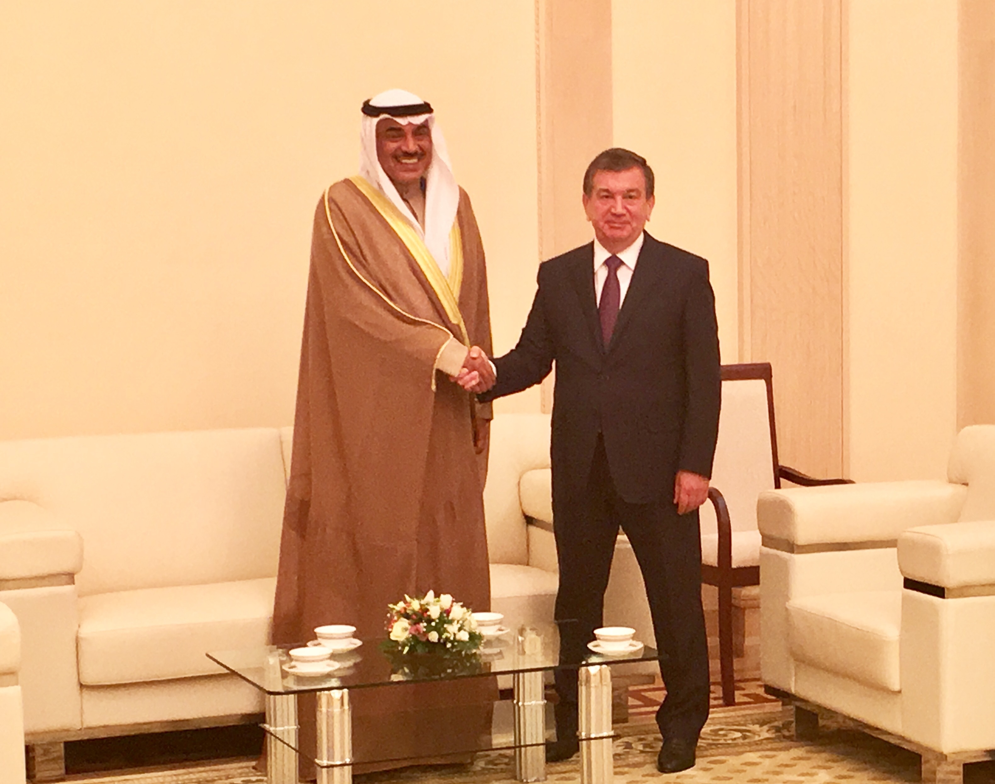First Deputy Prime Minister and Foreign Minister of Kuwait Sheikh Sabah Khaled Al-Hamad Al-Sabah  meets with acting Uzbek President Shavkat Mirziyaev,