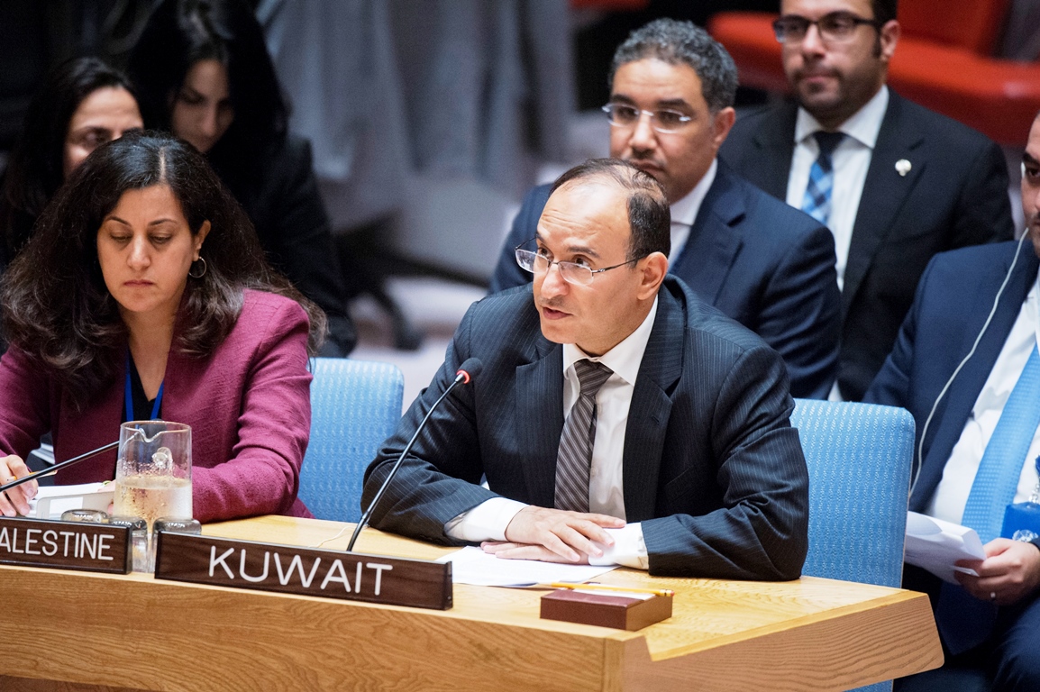 الممثل الدائم لدولة الكويت لدى الامم المتحدة السفير منصور عياد العتيبي خلال كلمته أمام مجلس الأمن