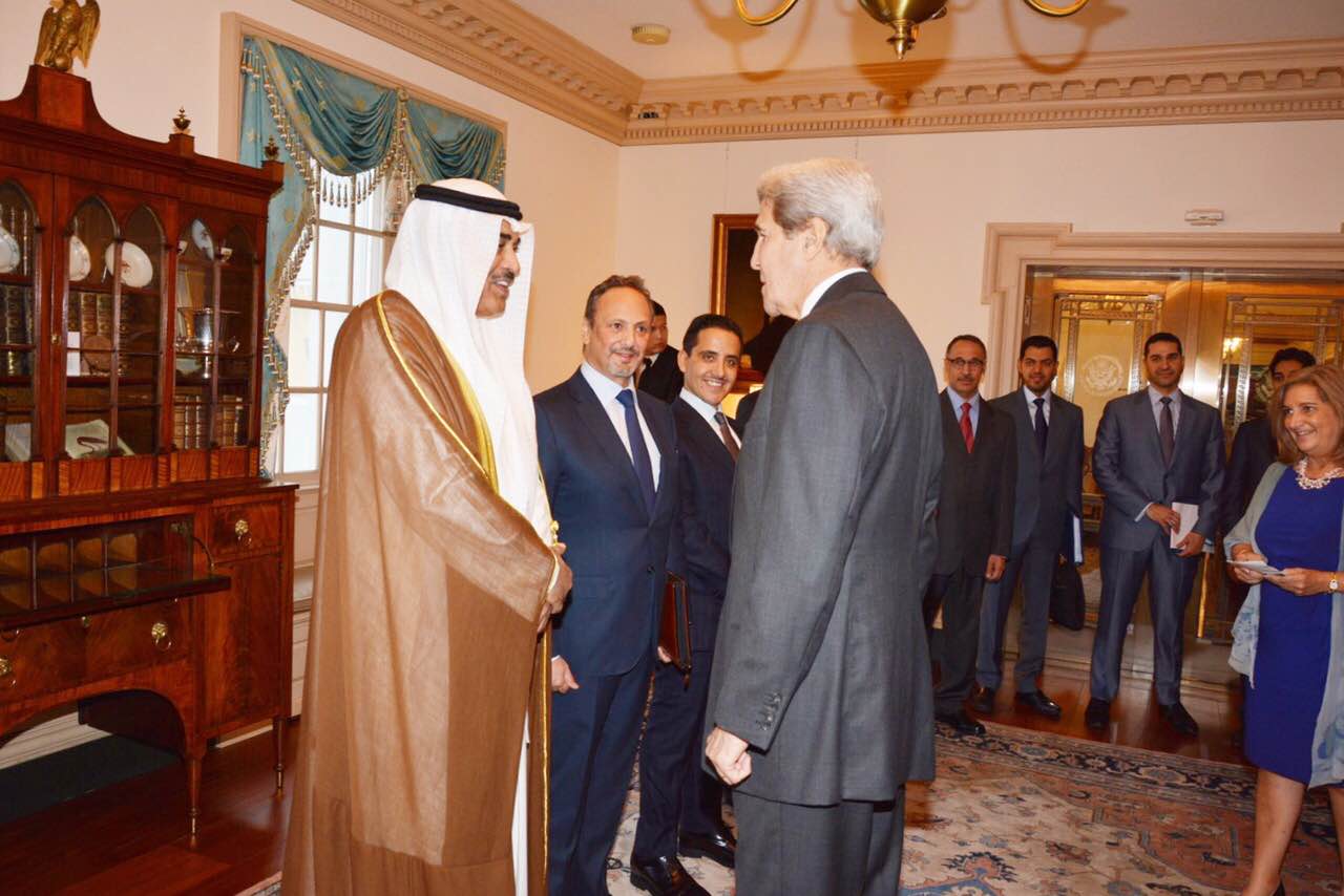 Kuwait's First Deputy Prime Minister and Foreign Minister Sheikh Sabah Khaled Al-Hamad Al-Sabah with US Secretary of State John Kerry