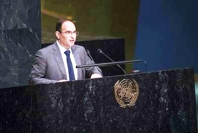 Kuwait's Permanent Representative to the UN Mansur Al-Otaibi speech at a UN General Assembly