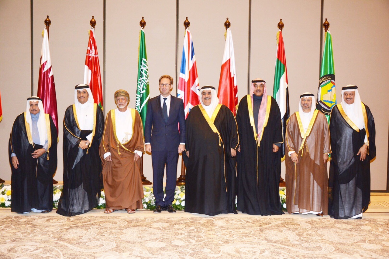 Kuwait's First Deputy Prime Minister and Foreign Minister Sheikh Sabah Al-Khaled and GCC Foreign ministers with the British Minister of Middle East and North Africa Tobias Ellwood
