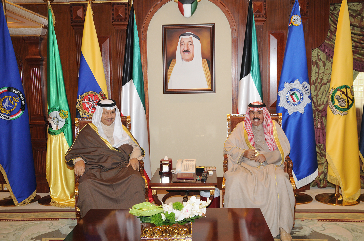 His Highness the Deputy Amir and Crown Prince Sheikh Nawaf Al-Ahmad Al-Jaber Al-Sabah receives His Highness the Prime Minister Sheikh Jaber Al-Mubarak Al-Hamad Al-Sabah