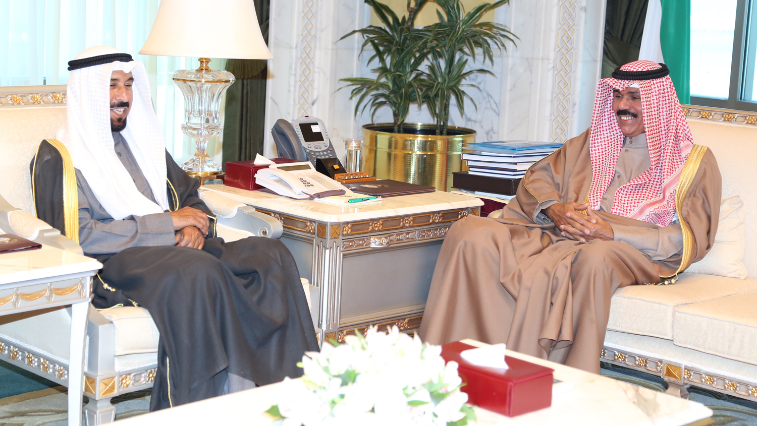 His Highness the Crown Prince Sheikh Nawaf Al-Ahmad Al-Jaber Al-Sabah receives Sheikh Ali Al-Jaber Al-Ahmad Al-Sabah