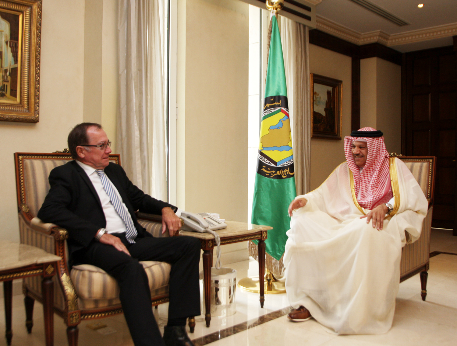 The Gulf Cooperation Council (GCC) of Arab States' Secretary General Abdullatif bin Rashid Al Zayani meets with with New Zealand's Minister of Foreign Affairs Murray McCully