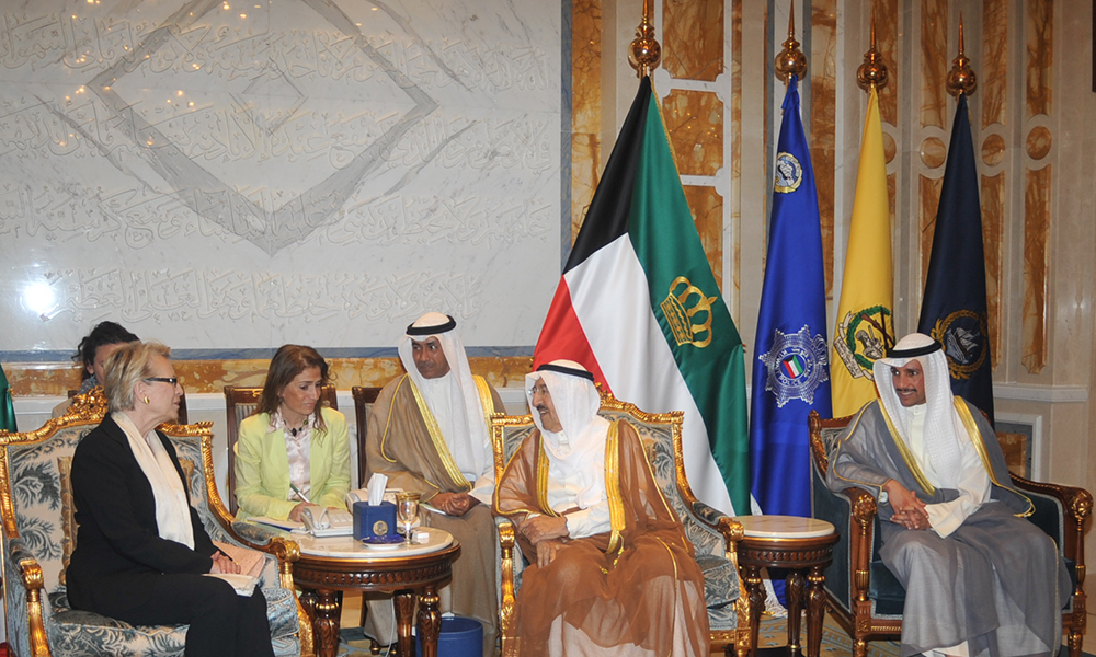 His Highness the Amir Sheikh Sabah Al-Ahmad Al-Jaber Al-Sabah receives chairperson of the European Parliament's delegation for relations with the Arab Peninsula Michele Alloit-Marie and National Assembly Speaker Marzouq Al-Ghanim