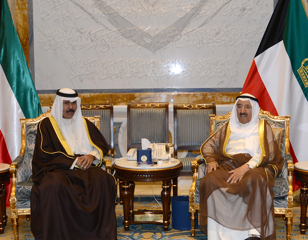 His Highness the Amir Sheikh Sabah Al-Ahmad Al-Jaber Al-Sabah receives His Highness the Crown Prince Sheikh Nawaf Al-Ahmad Al-Jaber Al-Sabah