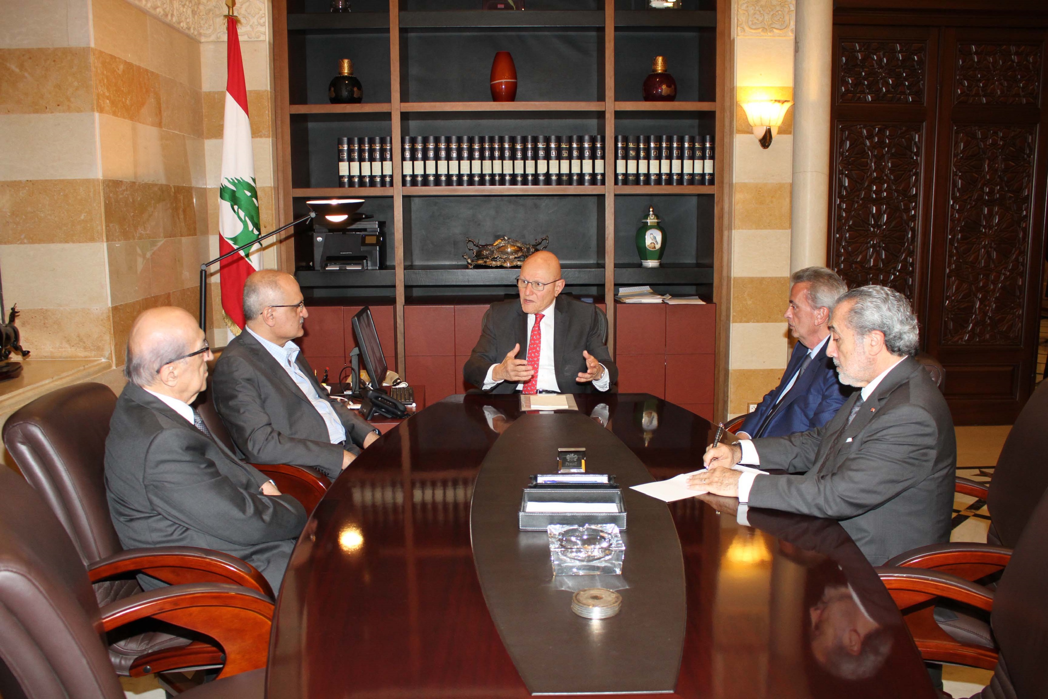 Lebanese Prime Minister Tammam Salam during the meeting with Finance Minister Ali Hassan Khalil, Governor of the Central Bank of Lebanon Riad Salameh and Chairman of the Association of Banks Joseph Tarabay