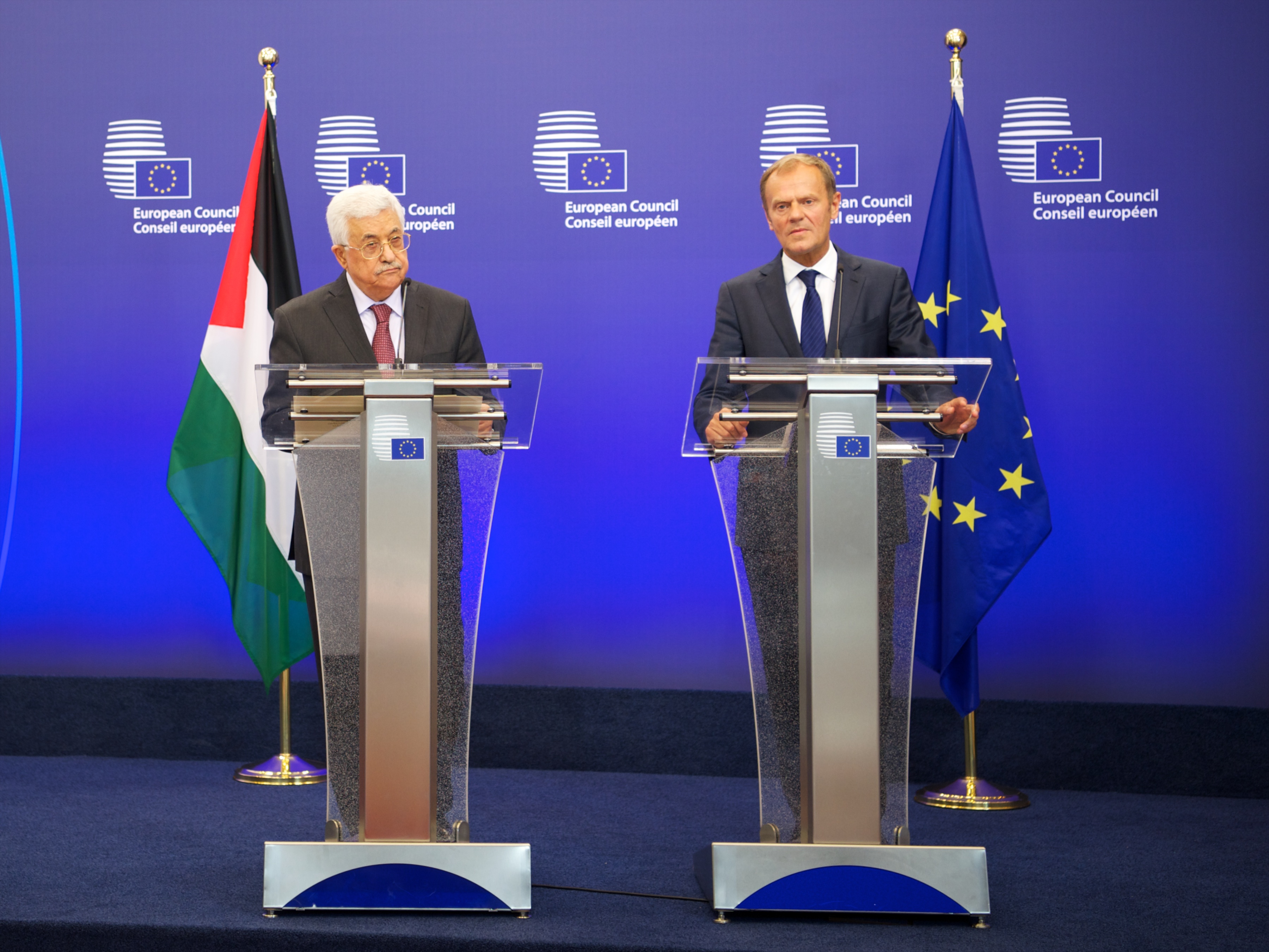 President of the European Council, Donald Tusk with the Palestinian President Mahmoud Abbas during the press conference