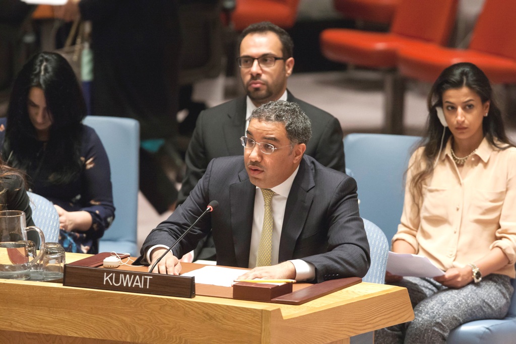 The State of Kuwait acting Permanent Delegate to the United Nations Abdul Aziz Saud Al-Jarallah at a Security Council session on the Middle East