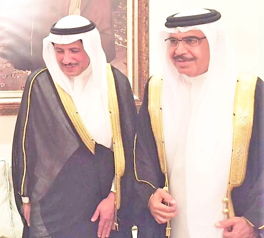 Bahrain's Interior Minister Rashid bin Abdullah Al Khalifa and Dean of the Diplomatic Corps, Kuwaiti Ambassador to Bahrain Sheikh Azzam Mubarak Al-Sabah