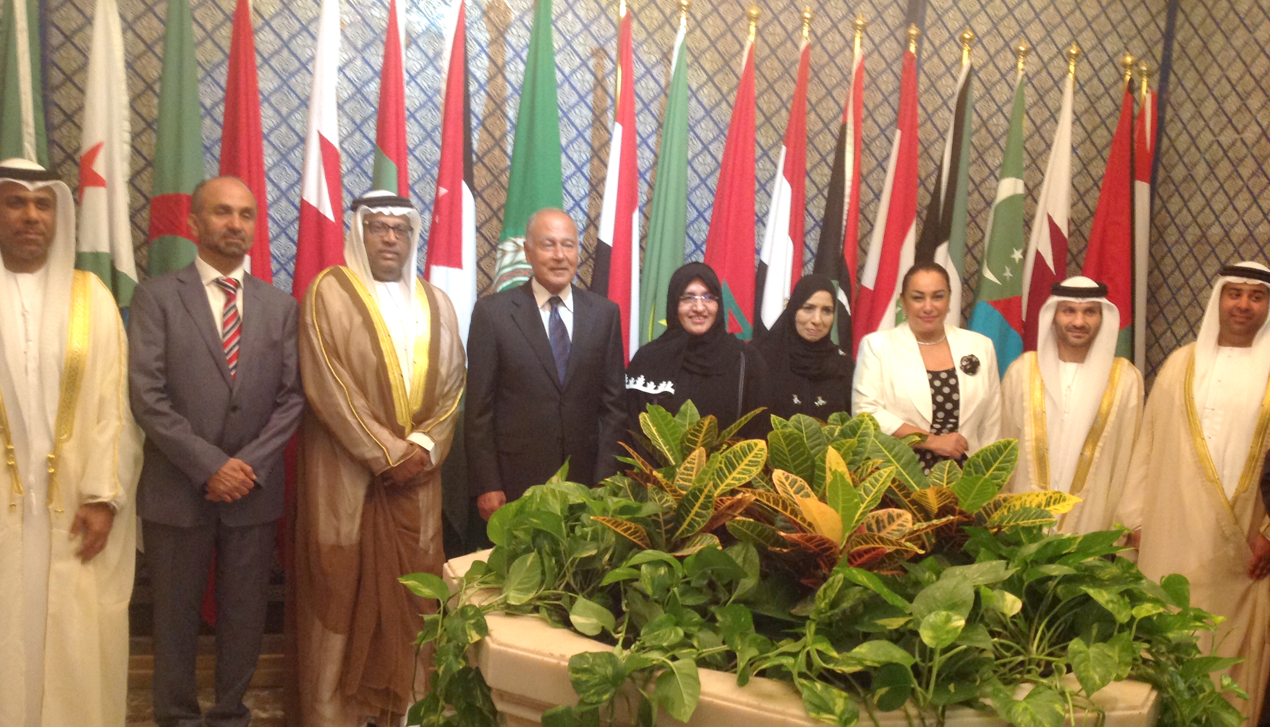 Arab League Secretary General Ahmad Abu Al-Gheit with hosting committee members of the Arab Child Parliament