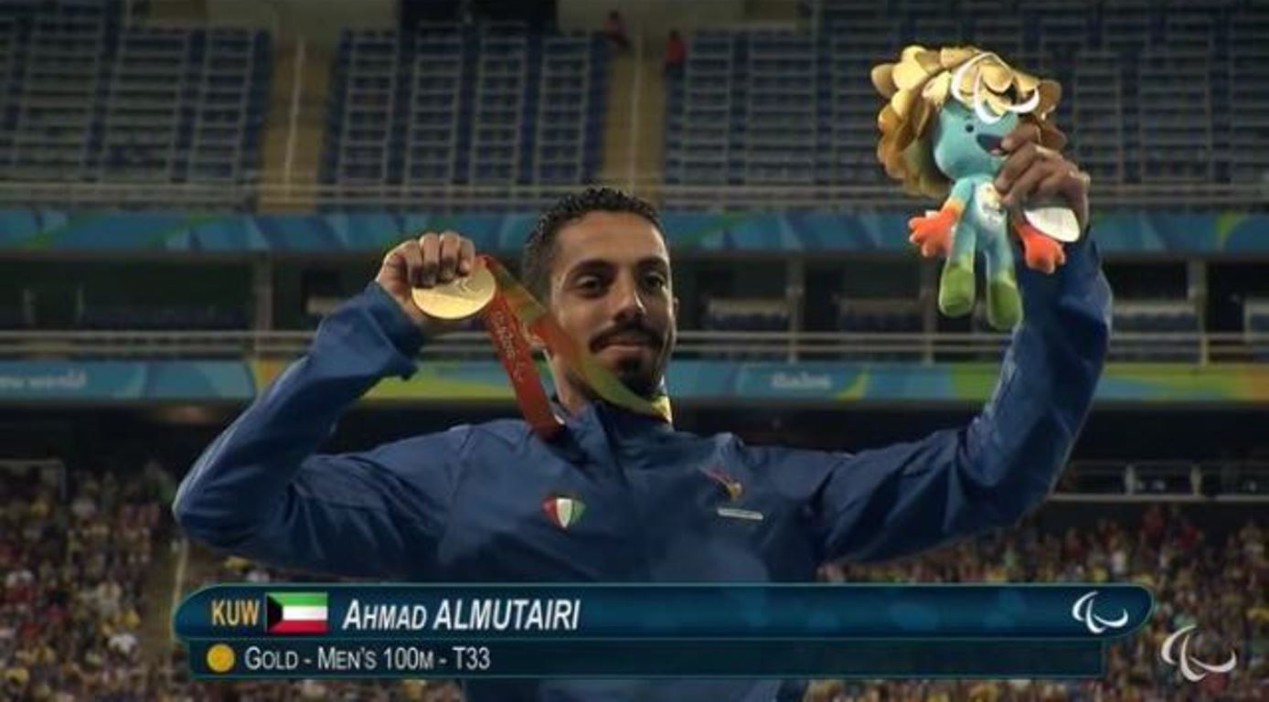 Kuwait's Ahmad Al-Mutairi came first in the men's 100 m race of the athletics of Rio 2016 Paralympics