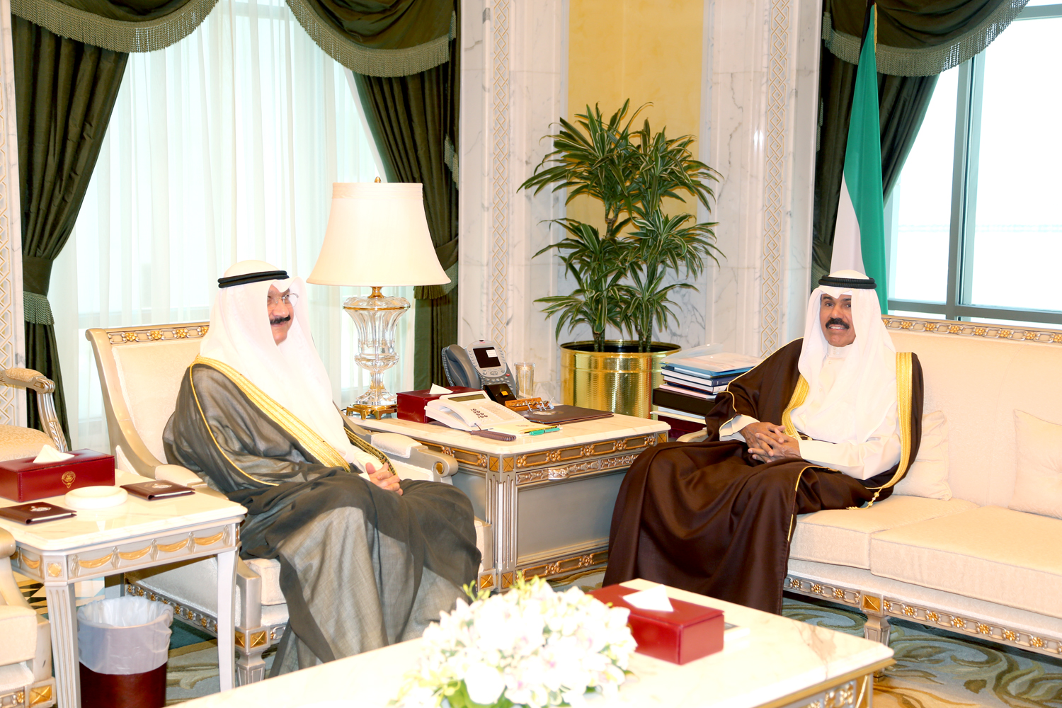 His Highness the Deputy Amir and Crown Prince Sheikh Nawaf Al-Ahmad Al-Jaber Al-Sabah receives Sheikh Salem Abdulaziz Al-Saud Al-Sabah
