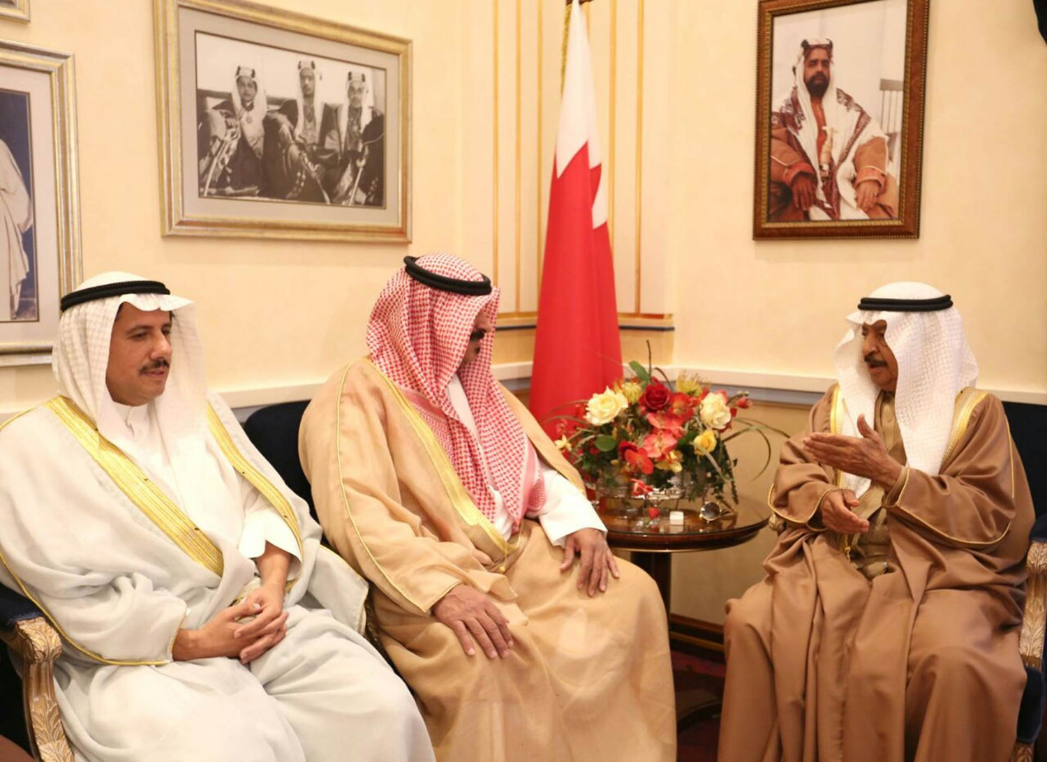 Prime Minister of the Kingdom of Bahrain Prince Khalifa bin Salman Al Khalifa during a meeting with the CEO of Kuwait Oil Tankers Company Sheikh Talal Al-Khaled Al-Ahmad Al-Sabah