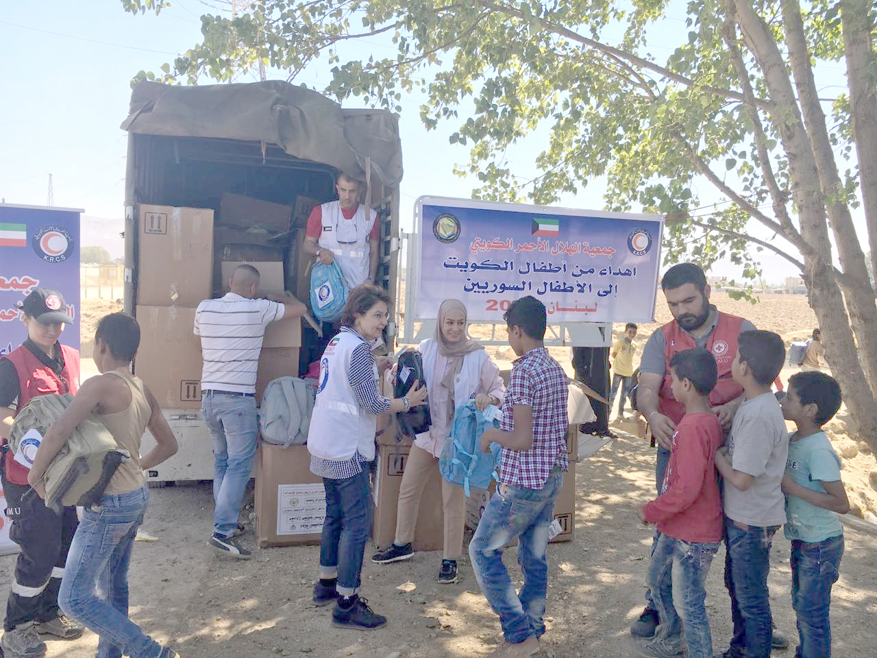 Kuwait Red Crescent Society (KRCS) distributes school bags to Syrian refugees in East Lebanon
