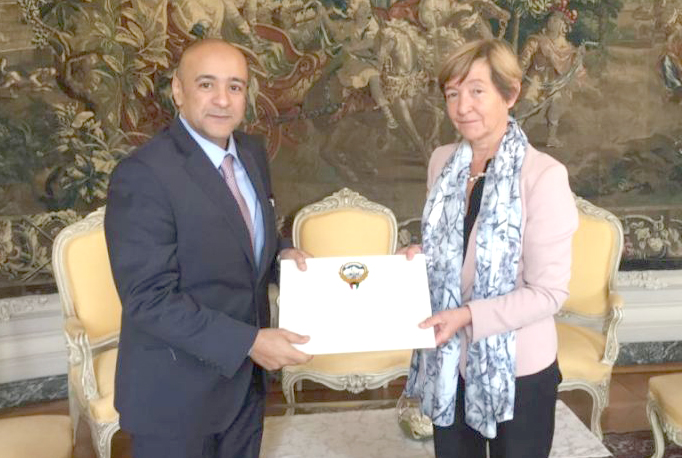 Kuwait's new ambassador to Belgium, Jasem Mohammad Al-Budaiwi hands over credentials to the Head of Protocol at the Belgian Foreign Ministry, Ambassador Francoise Gustin