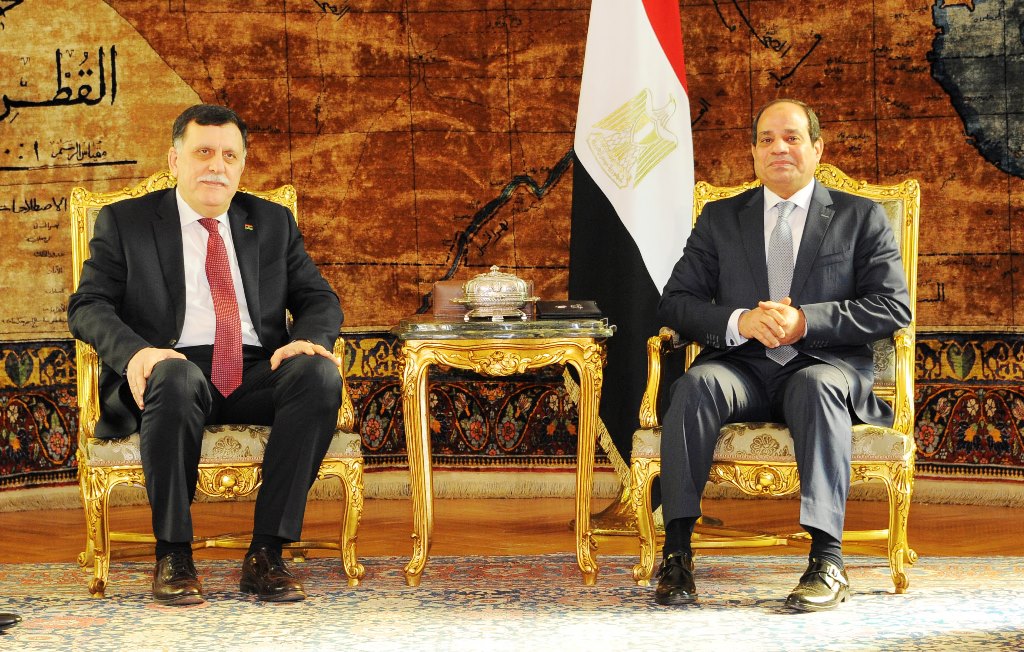 Egyptian President Abdelfatah Al-Sisi with Chairman of the Libyan Council President Fayez Al-Saraj